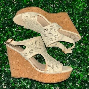 Fergalicious off-white lace, wedge sandals, size 9.